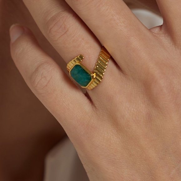 Stainless Steel Blue Apatite Ring Statement Metal Gold Opening Ring - Picture 8 of 11